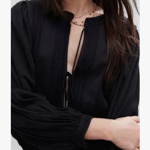 MNG black tie up front Roman dollman sleeves elastic waist Boho dress Sz L - Picture 9 of 15